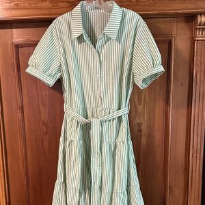 Striped Green Button-Up pheasant boho tier skirt Dress NWT sz L maxi
